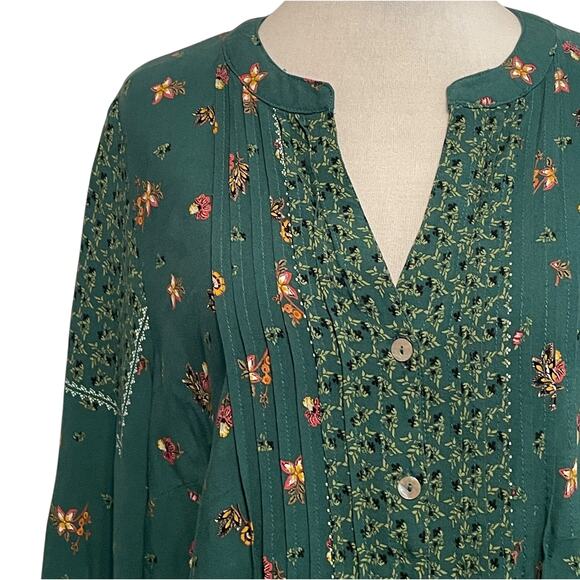 Fig and Flower Peasant Top Womens Large Green Cottage Floral Border Boho Blouse - Picture 8 of 10